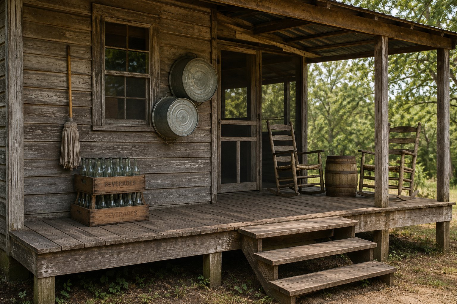 The back porch of the country store, with two rocking chairs and a barrel