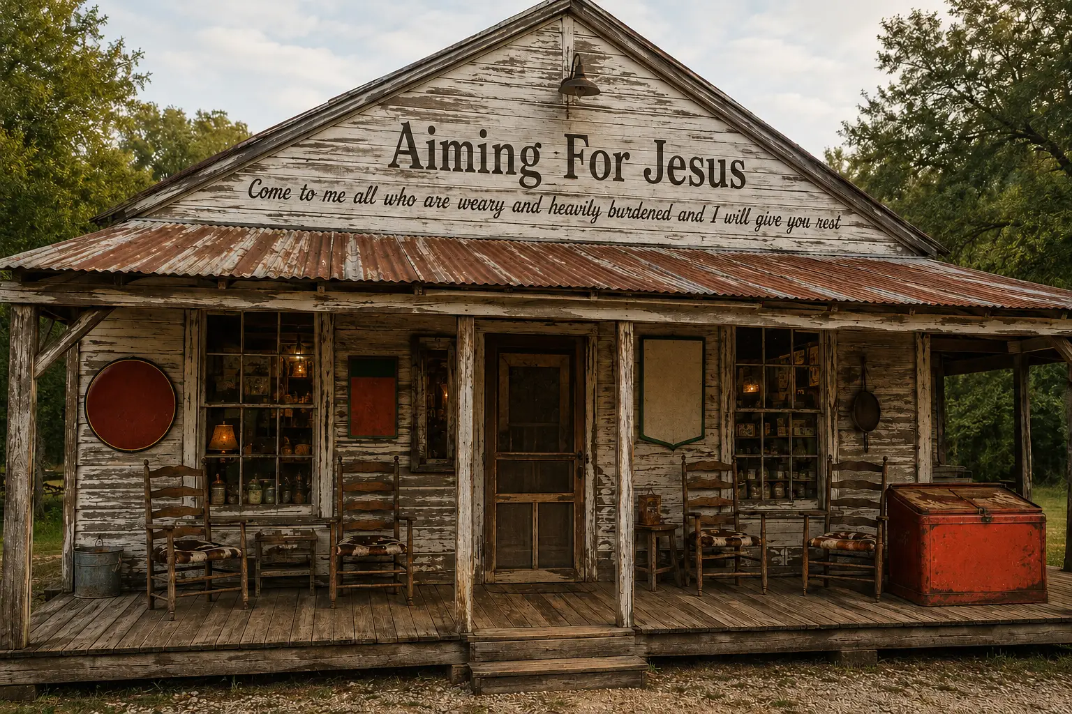 An old country store porch with a sign that reads Aiming For Jesus and a welcome door